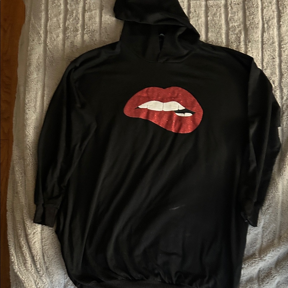 Black Hoodie with Red Lips Graphic